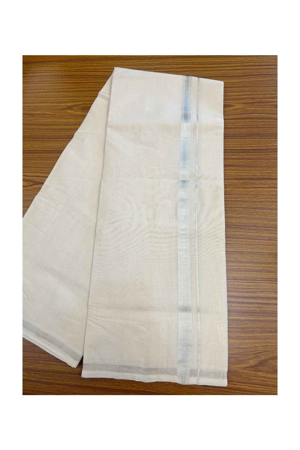 25% DISCOUNT! KaithariKada HANDLOOM Millpaav Balaramapuram - 100% PURE Cotton Off White - (Unbleached) Double Mundu/Dhoti - 2 cm Silver Kasavu Striped kara - 7KK5136RAM