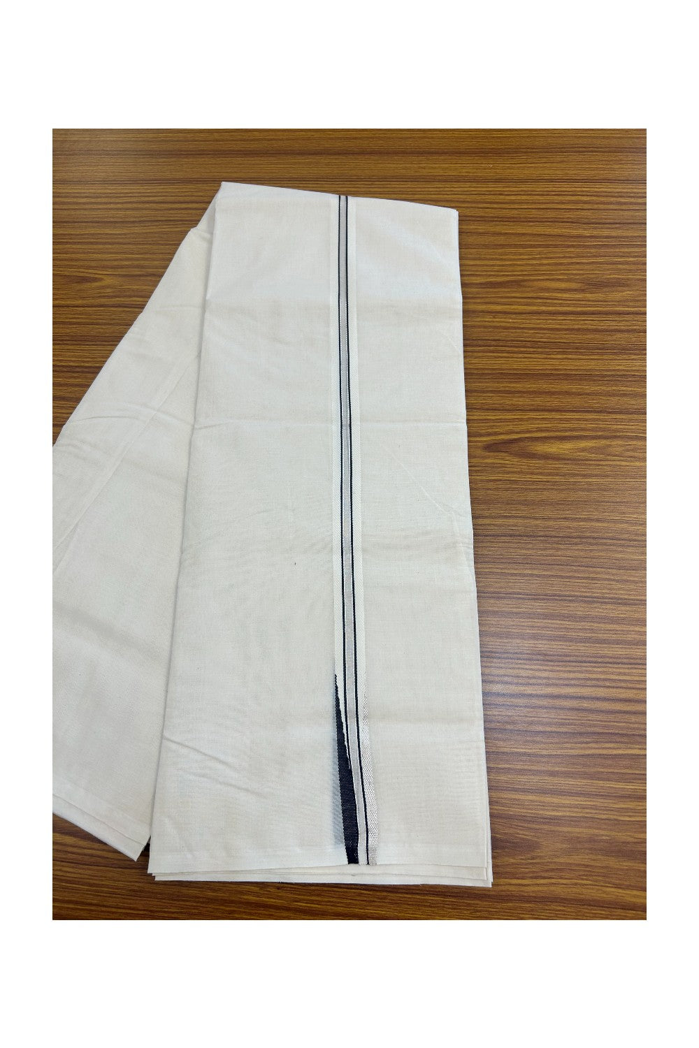 21% Discount! KaithariKada Balaramapuram 100% Cotton Double Off white - (Unbleached) Mundu/Dhoti-(100X100)- 1 inch PULIYILAKKARA CHUTTY BLACK & SILVER KARA - 7KK5145ASH