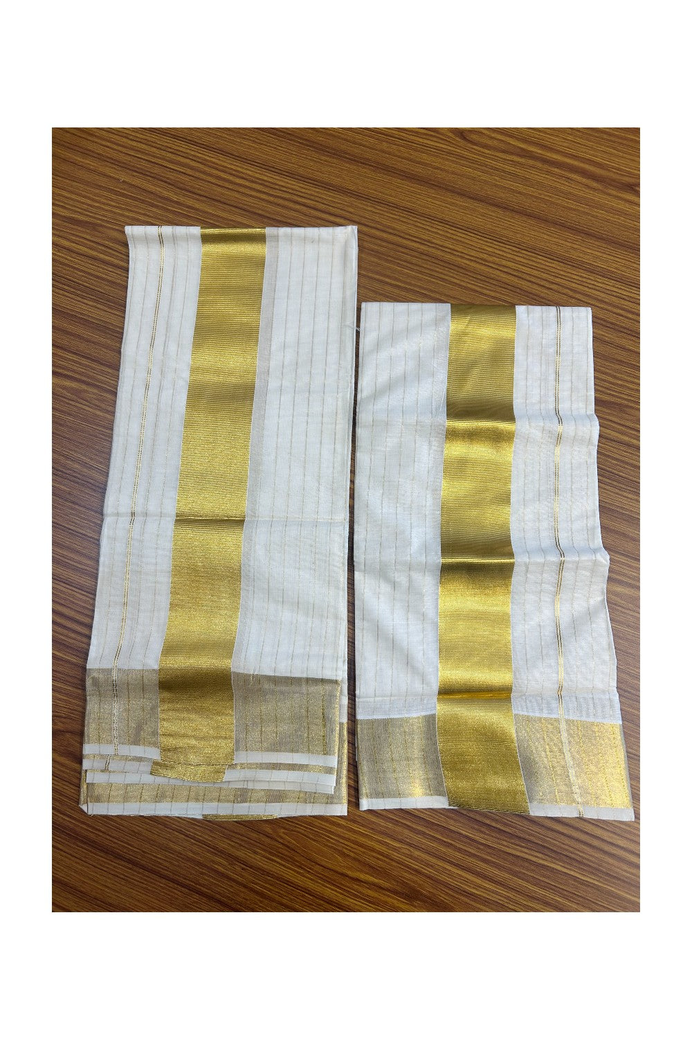 25% Discount!! KaithariKada - Kerala Pure Cotton OFF WHITE Single Set Mundu - Stripes Gold Kasavu Big Kara - 7KK5152PMC