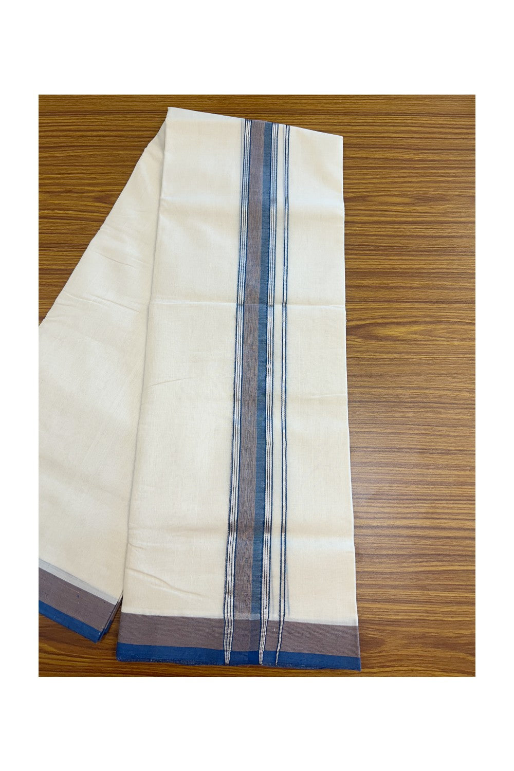 27% DISCOUNT! KaithariKada BALARAMAPURAM HANDLOOM UNAKKUPAAV - 100% PURE Cotton Off white (Unbleached) Double Mundu/Dhoti - 1.75 inch Silver Kasavu Peacock Blue & Sand Brown Shaded Kara (8 Muzham) - 24KK5161SOM