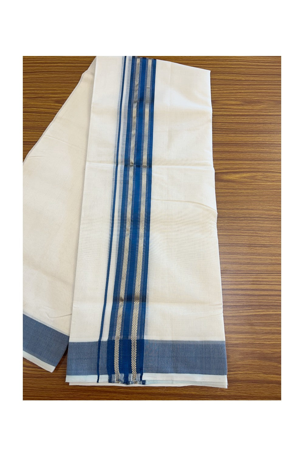 27% DISCOUNT!! KaithariKada HANDLOOM millpaav Balaramapuram - 100% PURE Cotton OFF White - (Unbleached) Double Mundu/Dothi - 2 inch Peacock blue colour kasavu  & Gold Kasavu Striped kara - 7KK5162RAM