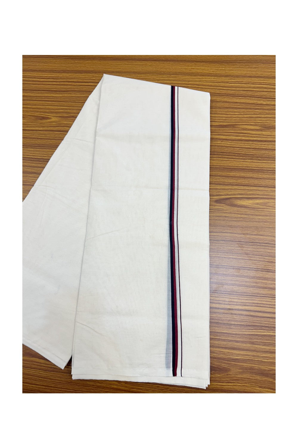 DMK Veshti - 37% DISCOUNT! KaithariKada 100% Cotton off white Double - (Unbleached) Mundu/Dhoti - 100X100 - 0.5 inch Black & Maroon kara - 7KK5165ASH