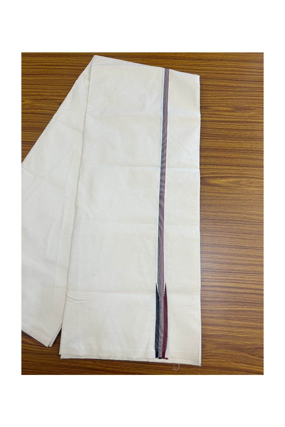 ADMK Veshti - KaithariKada Balaramapuram 100% COTTON SINGLE OFF WHITE- (Unbleached) Mundu/Dhoti-100X100 - 2 cm Puliyilakkara Maroon & Black Striped Chutty (2 meter / 4 muzham) - 7KK5168ASH
