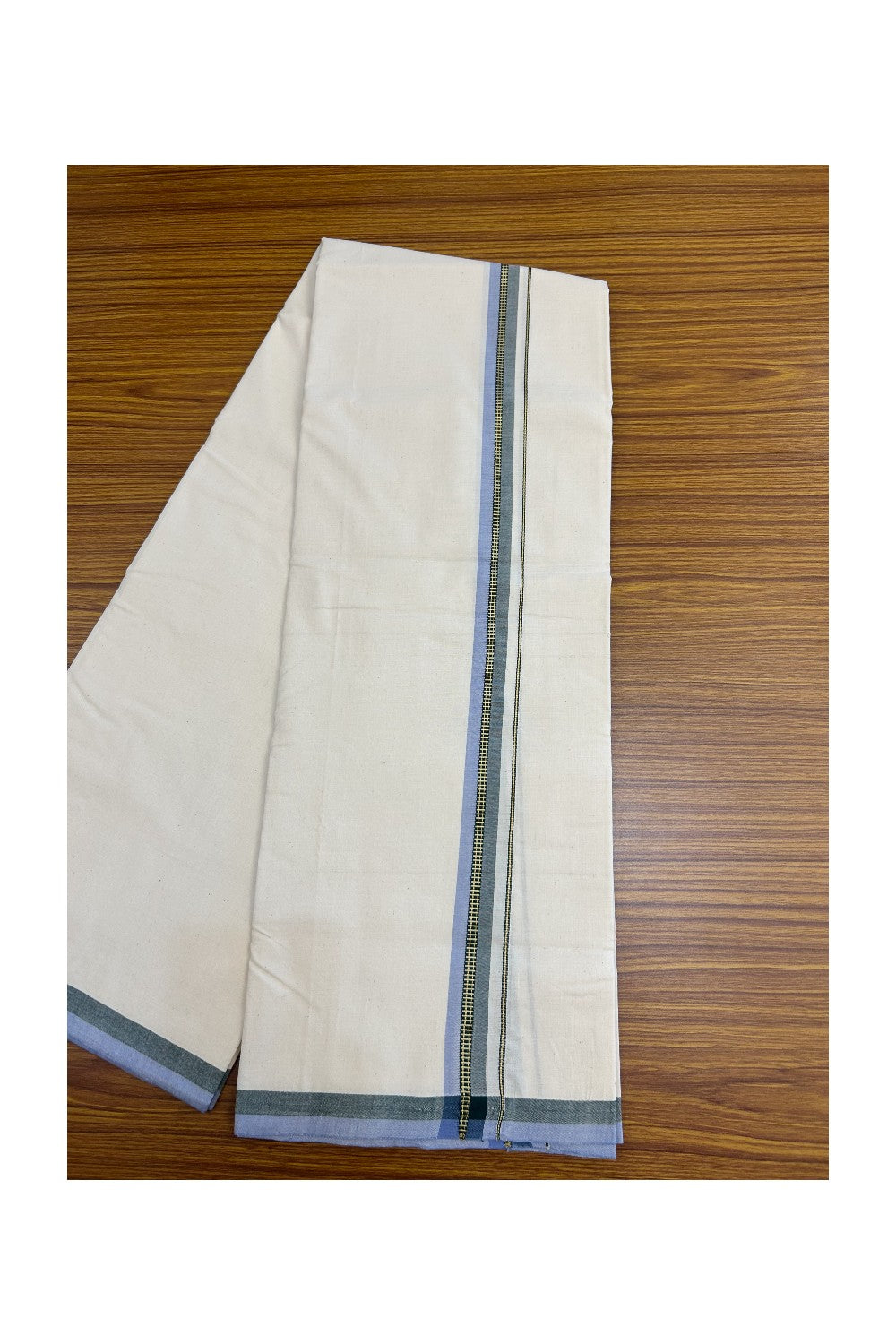 30%DISCOUNT!! SIGNATURE KAITHARIKADA EXCLUSIVE SINGLE DHOTI - 100% Cotton Balaramapuram HANDLOOM Single Mundu/Dhoti - Off White - (Unbleached) 1 inch Green Lavender & Gold Kasavu Kara (2 meter / 4 muzham)- 7KK5173KAI