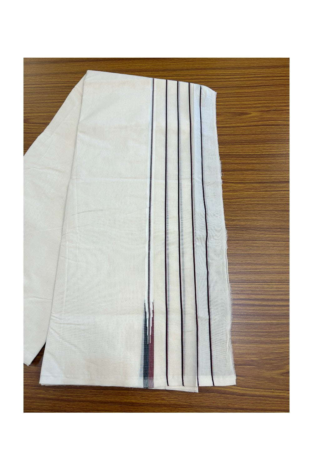 DMK Veshti -20% DISCOUNT! KaithariKada 100% Cotton off white Double - (Unbleached) Mundu/Dhoti - 100X100 - 5.75 inch Puliyilakkara Black & Maroon Chutty kara - 7KK5178ASH