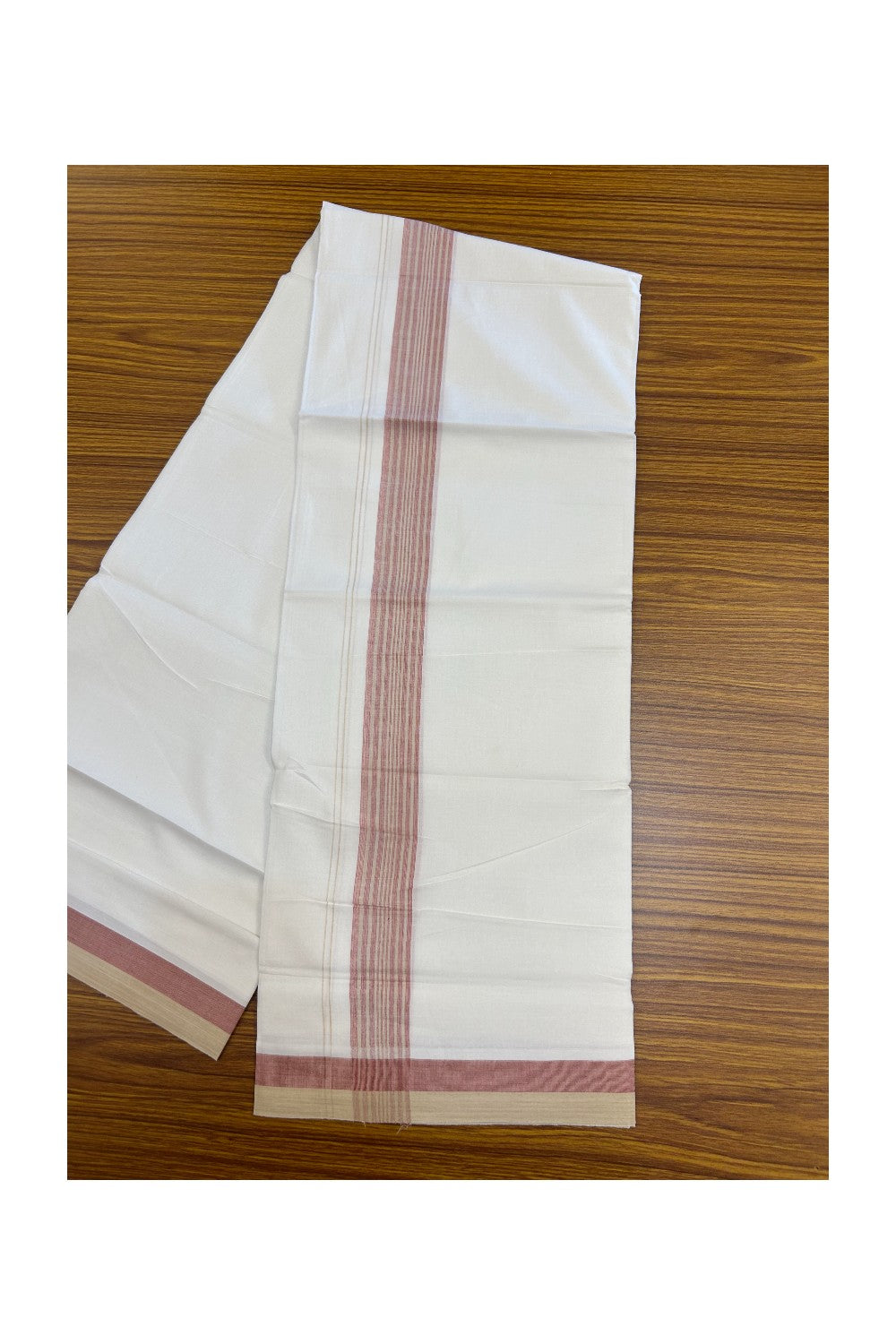 20% Discount ! Kaitharikada Balaramapuram 100% Cotton PURE WHITE Double Mundu/Dothi - 100x80 - 1.5 inch Sand brown & Red Striped Kara - 7KK5183VIN