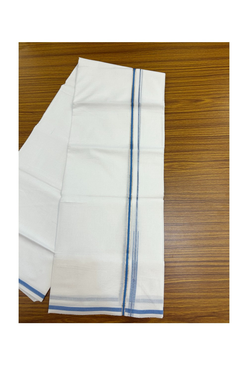 20% Discount !! Kaitharikada Balaramapuram 100% Cotton PURE WHITE Double Mundu/Dothi - 100x80 - 0.25 inch Silver Kasavu & Sky Blue Chutty Kara - 7KK5191CKS