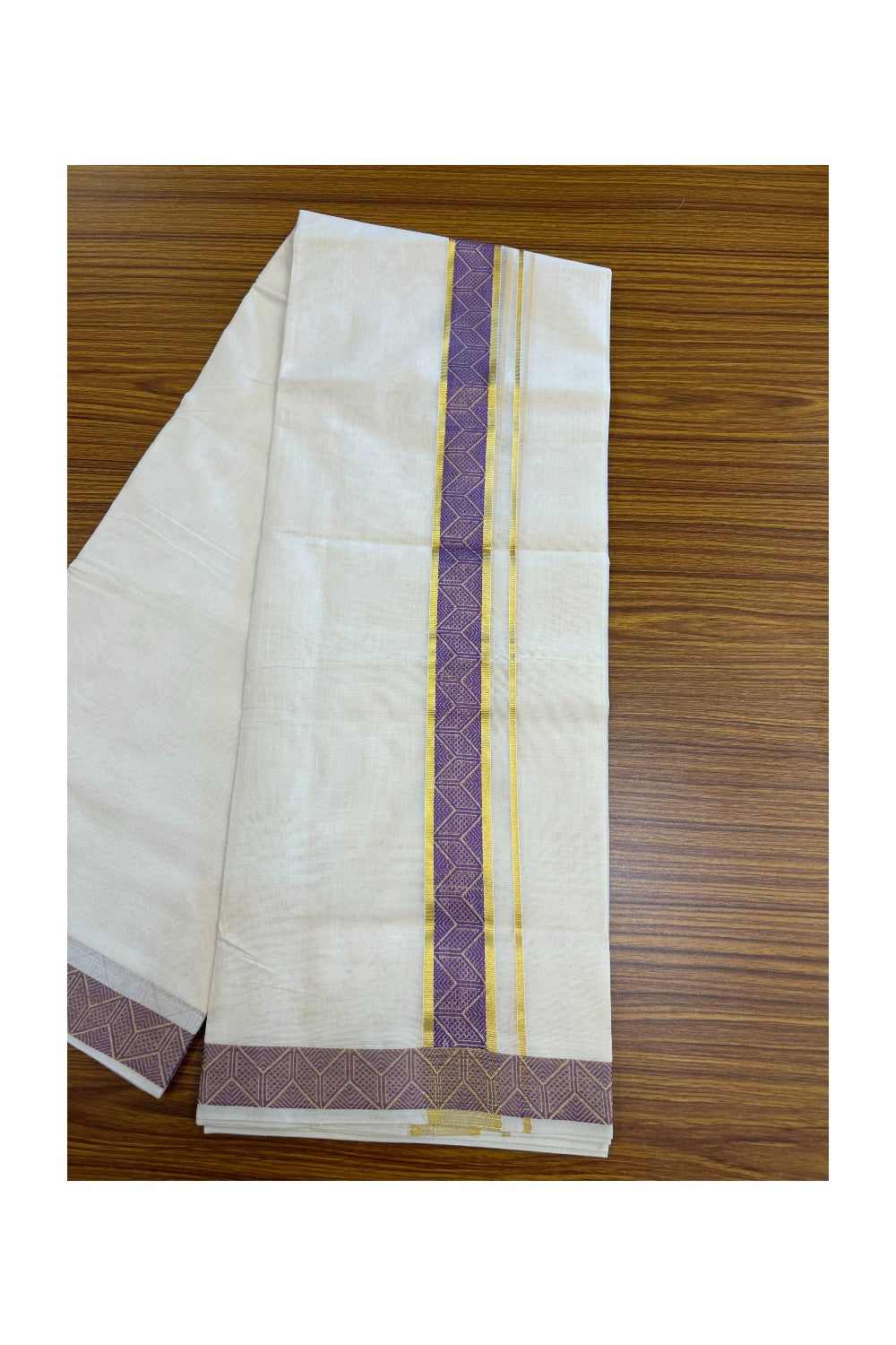 25% DISCOUNT ! KaithariKada HANDLOOM Unakkupaav Balaramapuram - 100% PURE Cotton Off White - (Unbleached) Double Mundu/Dhoti - 1.75 inch Gold Kasavu & Lavender Jacquard Design Kara - 7KK5190ABH