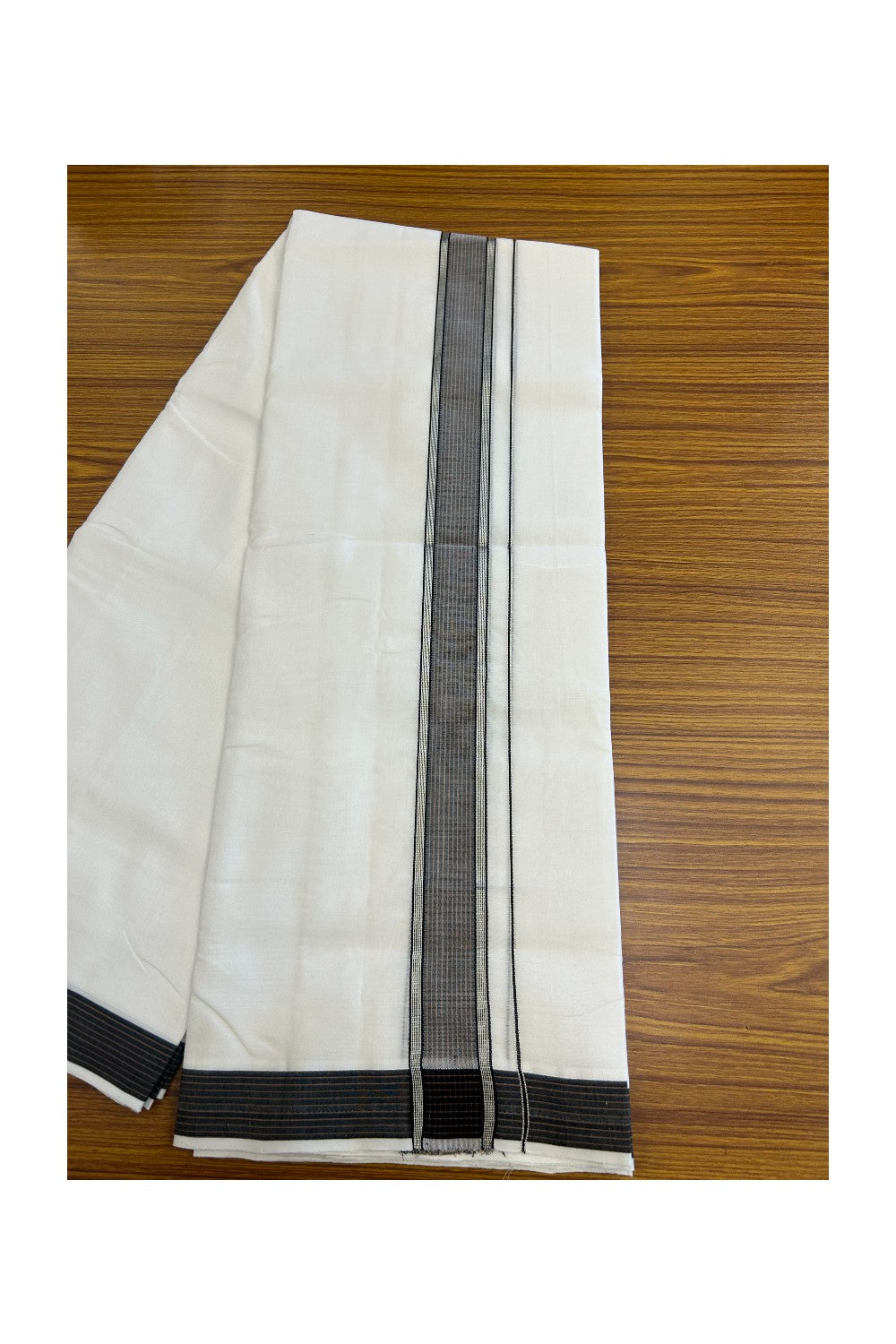 25% Discount!! NEW ULTRA PURE WHITE HANDLOOM Balaramapuram - 100% Mercerised Cotton Double Mundu/Dhoti - 120 twisted warp x 80s weft - 1.75 inch Silver Kasavu & Black Brown Striped Kara- 7KK5200REA