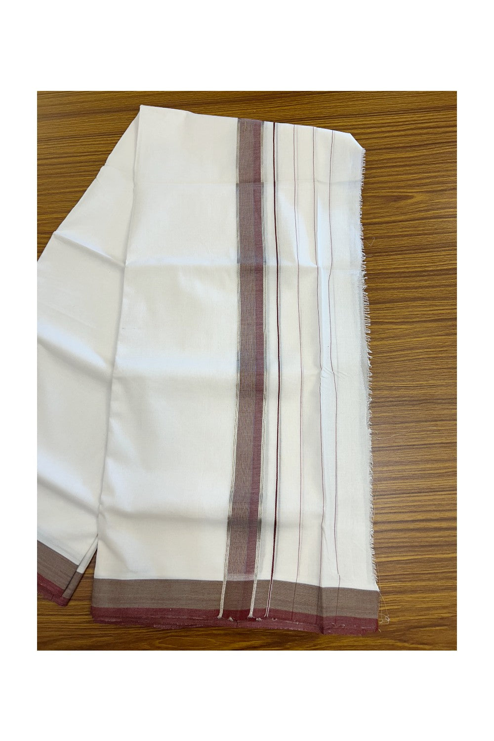 25% DISCOUNT ! KaithariKada HANDLOOM Unakkupaav Balaramapuram - 100% PURE Cotton Pure White Double Mundu/Dhoti - (80X100) - 6.5 inch Silver Kasavu & Maroon Shaded Striped Kara - 7KK5209 REA