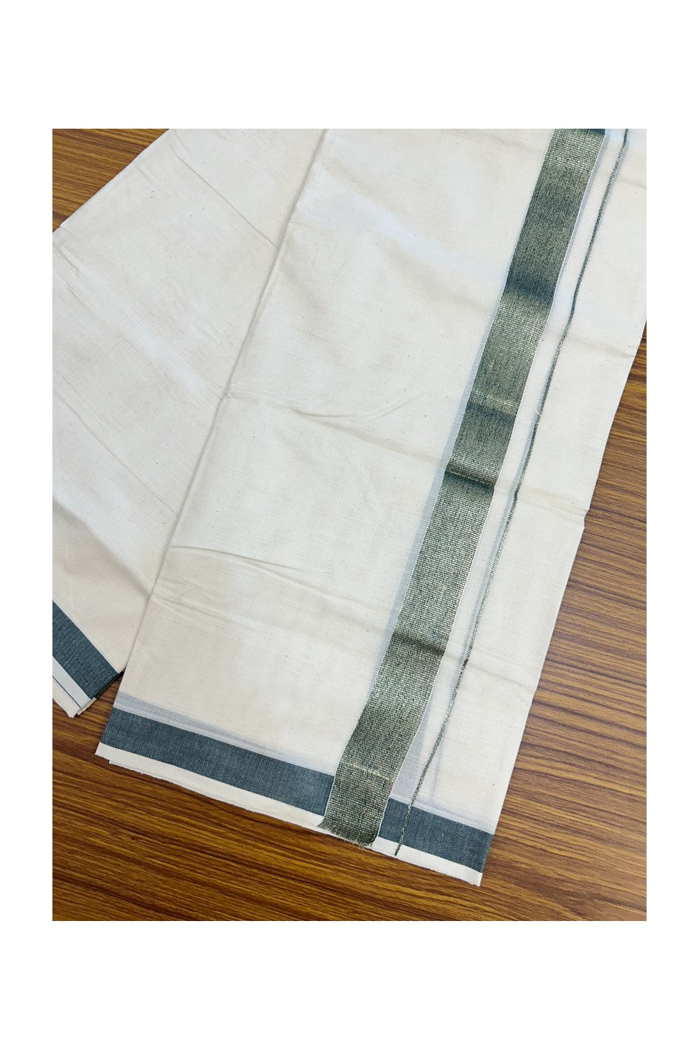 20% DISCOUNT ! KaithariKada Balaramapuram Mixed Cotton OFF WHITE (Unbleached) Double Mundu/Dhoti - 60s Thread Mixed Cotton - 1.5 inch Dark Green & Gold Kasav Kara - 7KK5213 VIN
