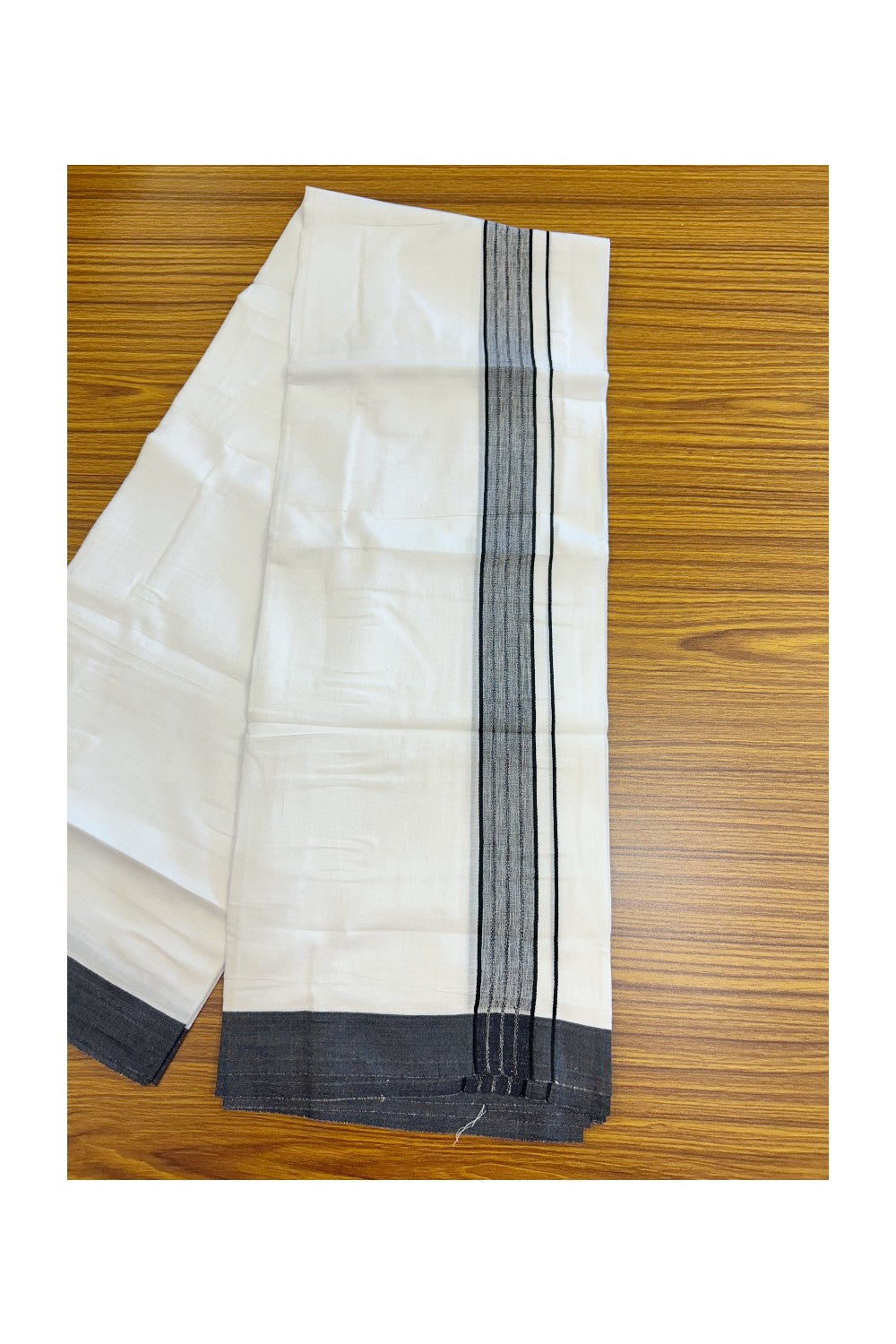 20% DISCOUNT!!! KaithariKada Balaramapuram 100% Cotton DOUBLE PURE WHITE Mundu/Dhoti - 100X80 - 1.5 Inch Black Shaded Stripes kara 3.75 mtr (8 muzham) - 7KK5220 THI