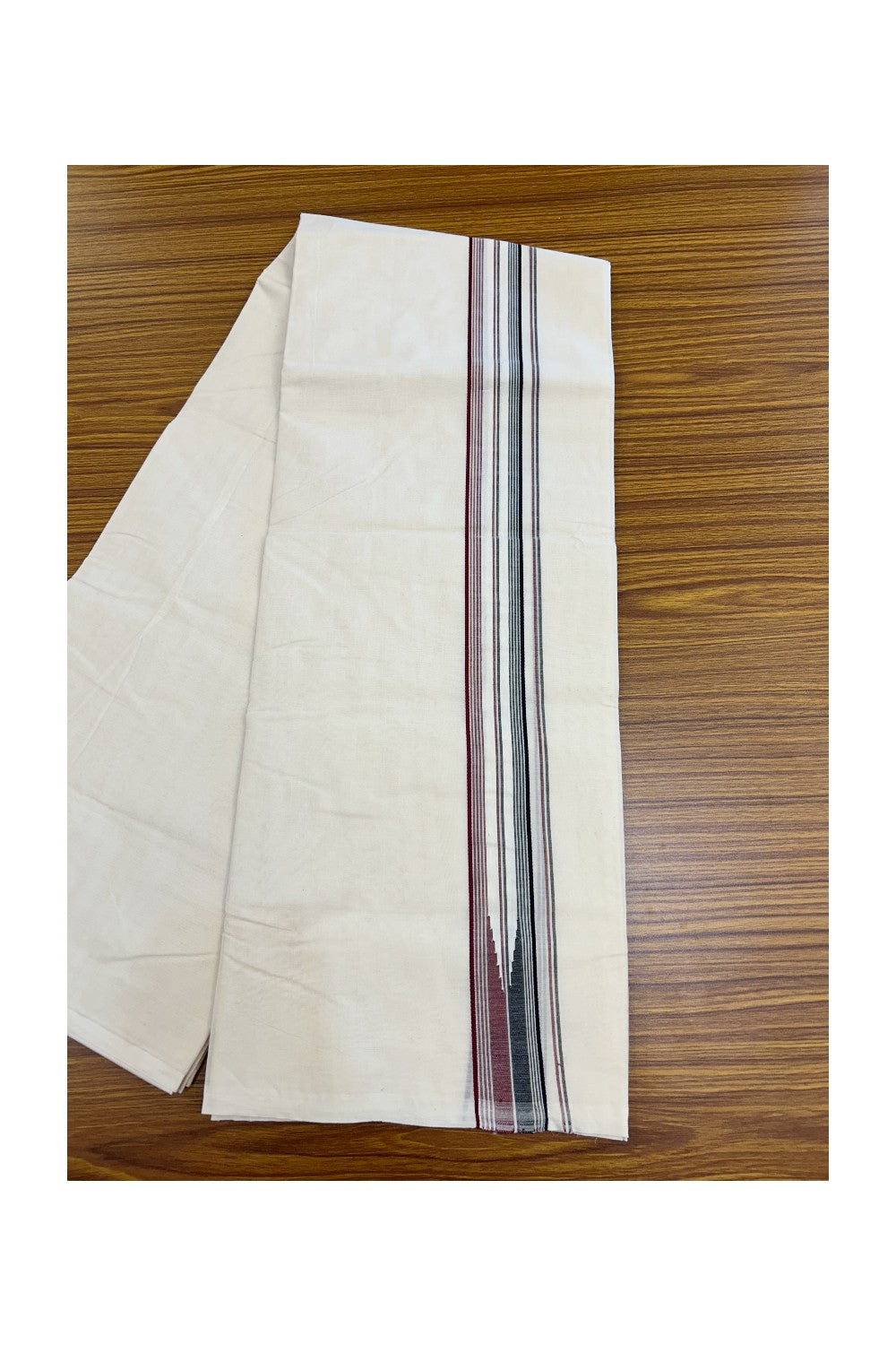 ADMK VESHTI 20% Discount !! KaithariKada Balaramapuram Double Off white - (Unbleached) Mundu/Dhoti - 100X100 - 1.5 inch Puliyilakkara Maroon & Black Striped Chutty Kara- 7KK5226 ASH