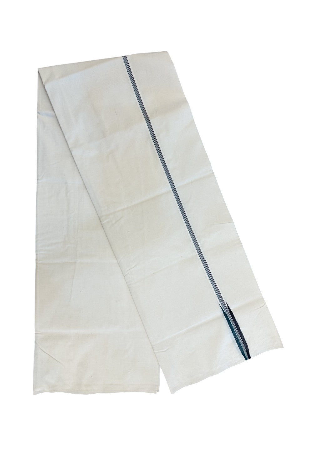 20% Discount!! KaithariKada Balaramapuram 100% COTTON SINGLE OFF WHITE - (Unbleached) Mundu/Dhoti - 100X100 - 0.5 inch Puliyilakkara Black & Peacock Green Striped Chutty Kara(2 meter / 4 muzham) - 7KK5228 ASH