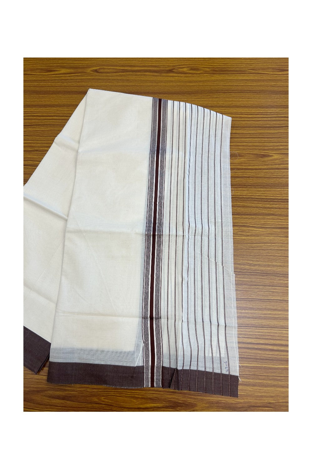 20% Discount !! KaithariKada Balaramapuram Double OFF WHITE (Unbleached) Mundu/Dhoti - 100x80 - 8 inch Brown & Silver Striped kara 4 mtr (8.5 muzham) - 7KK5243 PMC