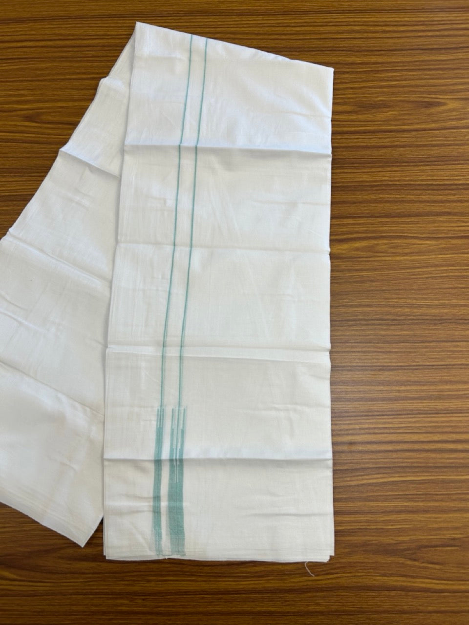 20% DISCOUNT!! NEW!! KaithariKada Balaramapuram 100% Cotton PURE WHITE Double Mundu/Dhoti - (100x80)s - 0.75 inch Turquoise Line chutty - 7 KK5249 VIN