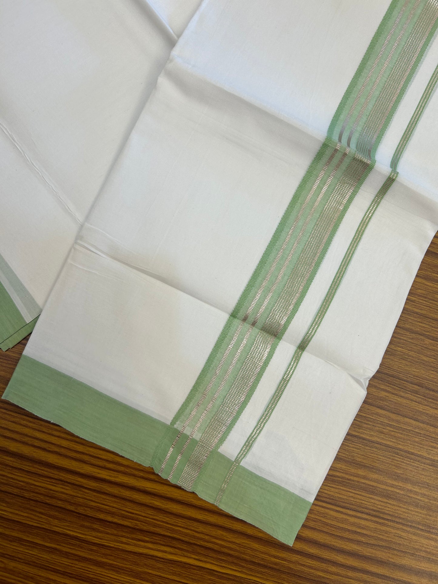Short Dhoti Special - 28% Discount ! KaithariKada 100% Cotton Pure White Double Mundu / Dhoti - 100x80 - 45 inch Height 3.80 m Length  1.5 inch Light Green Silver Kasav kara - 7 KK5258 THI