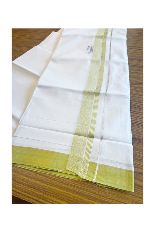 27% DISCOUNT!! Kaitharikada Balaramapuram 100% Cotton PURE WHITE Double Mundu./Dothi-100x80  2.25 Inch GREEN YELLOW + SILVER Striped Cotton Kara KK50CHAN -7 .
