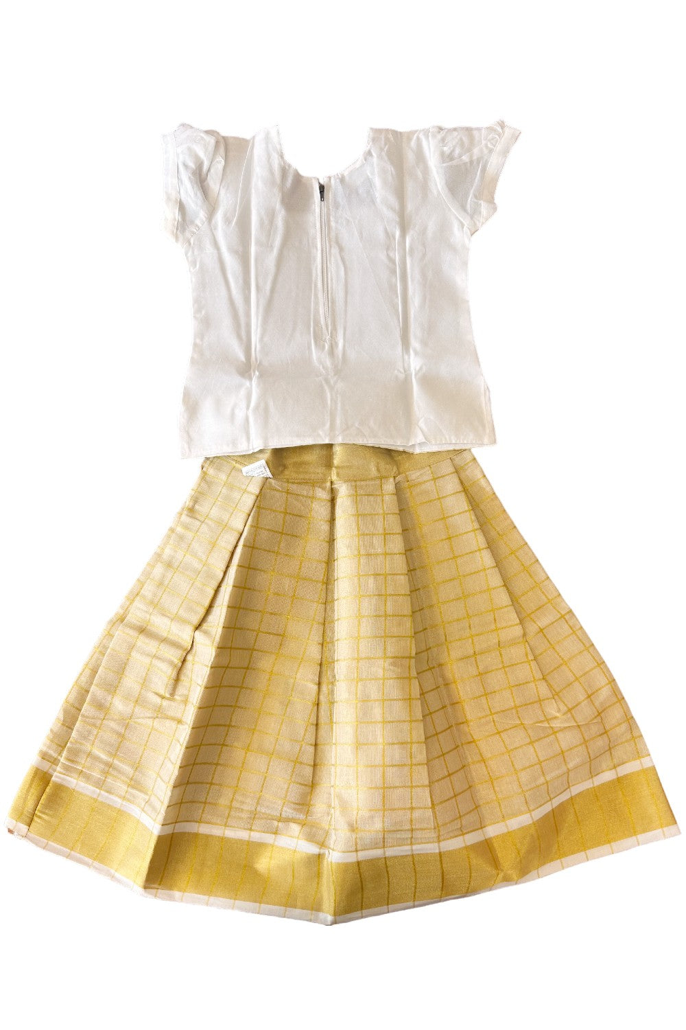 Midukki-Traditional South Indian Kids Pattu Pavada- White top golden tissue check skirt - Age 4 - KK4MID007