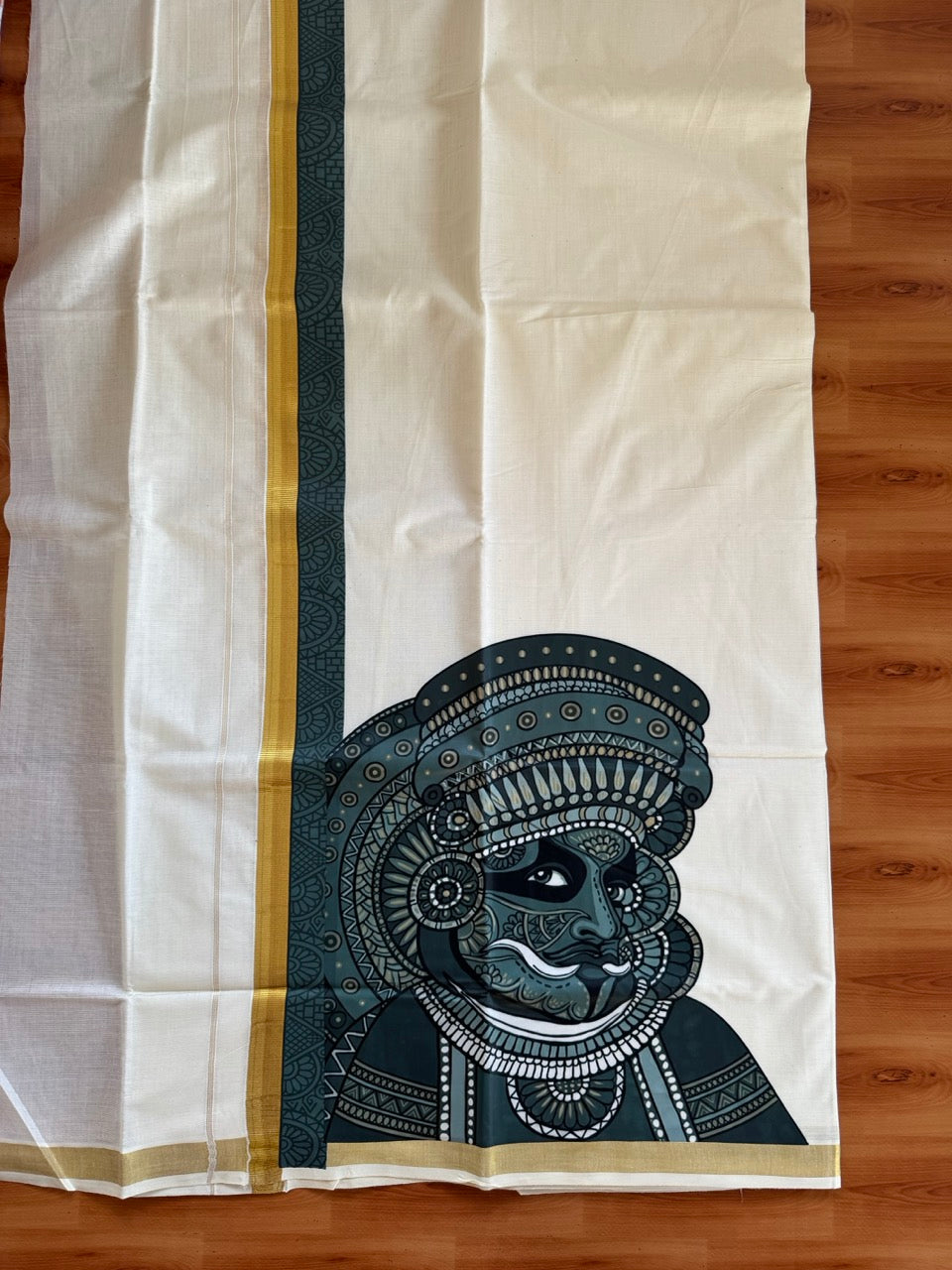 Double Off White - Onam Festival Print - (Unbleached) Mundu/Dhoti- 20% Discount!! KaithariKada Mixed Cotton 60s - 0.75 inch Gold Kasav with Printed Design Kara - 6 KK5474 GAN