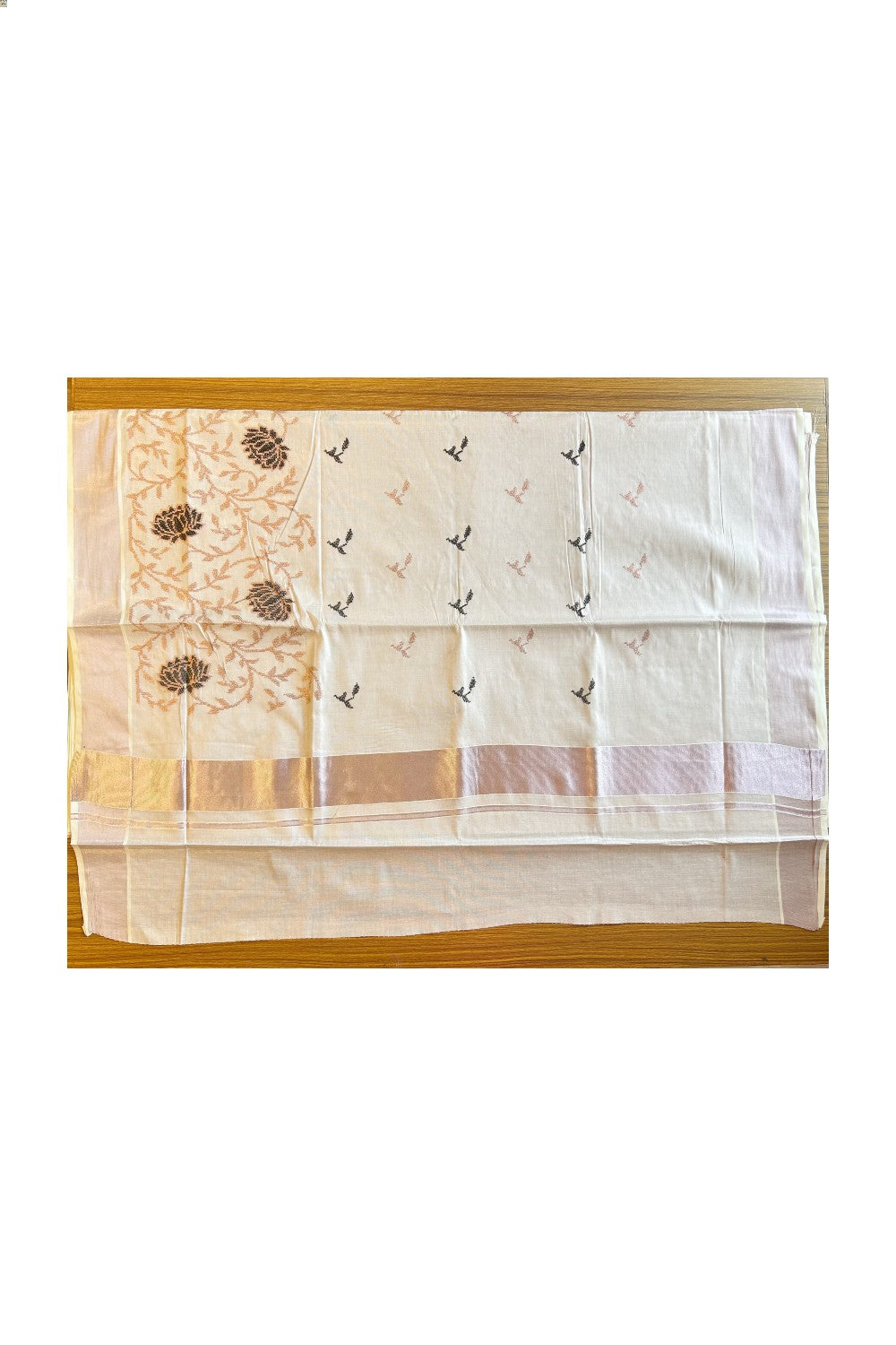 25% Discount! Kaitharikada Kerala Saree - Kasavu Tissue -  Kasavu Zari Floral Embroidery- 7KK300VIN