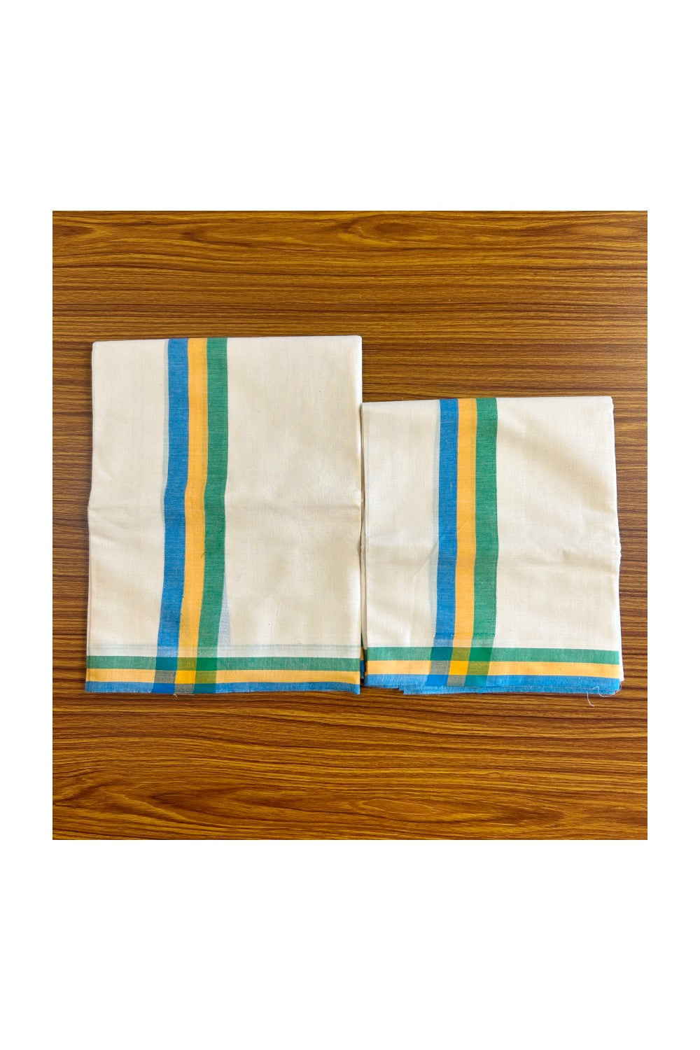 15% Discount!! KaithariKada - Kerala Cotton Single Set Mundu - EXTRA LENGTH -Blue, Yellow & Green Stripes Mulloth Kara- 7KK472CKA