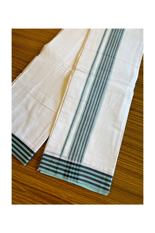 29% DISCOUNT! KaithariKada Balaramapuram 100% Cotton PURE WHITE Double Mundu/Dhoti-100x100 2. inch Turqouise & Black Stripes Cotton kara 3.70m- 7KK493RAM