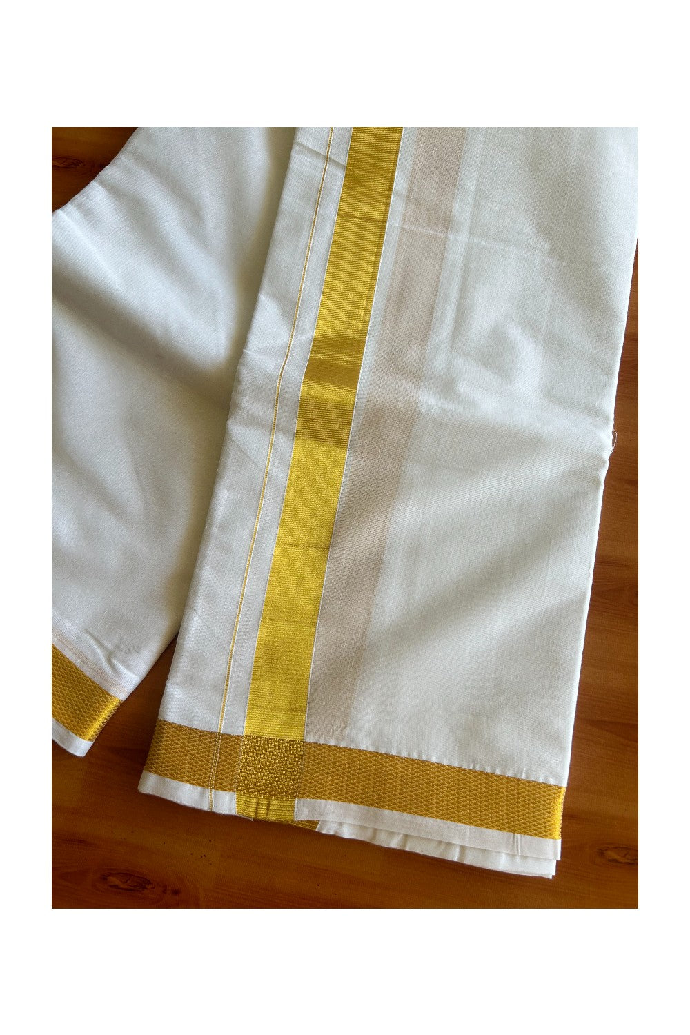 15% DISCOUNT! KaithariKada Cotton Mix - PURE White - 80x80 thread - 80% Cotton & 20% Polyester -NORTH INDIAN - ATTACHED GAMCHA 9X5 Dhoti- Gold KASAVU 1.75 inch & Border - 9KK5008PMC