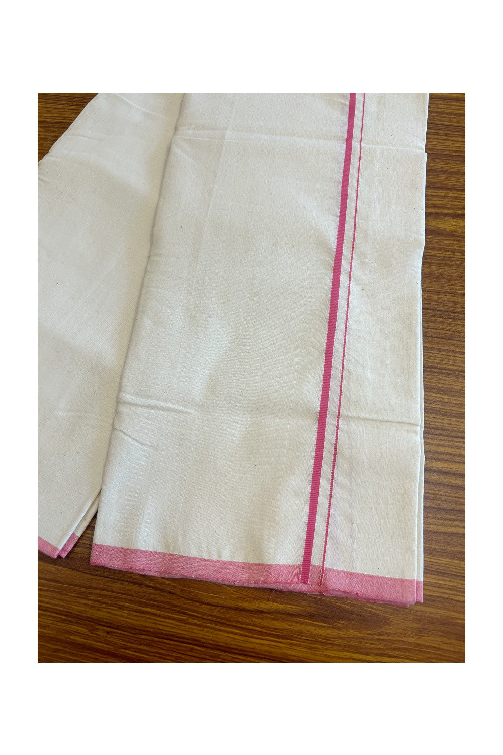 SIGNATURE KAITHARIKADA EXCLUSIVE SINGLE DHOTI - 100% Cotton Balaramapuram HANDLOOM Single Mundu/Dhoti - Off White - (Unbleached) 0.5inch Pink Kara (2 metre / 4 muzham)- 7KK5010KAI