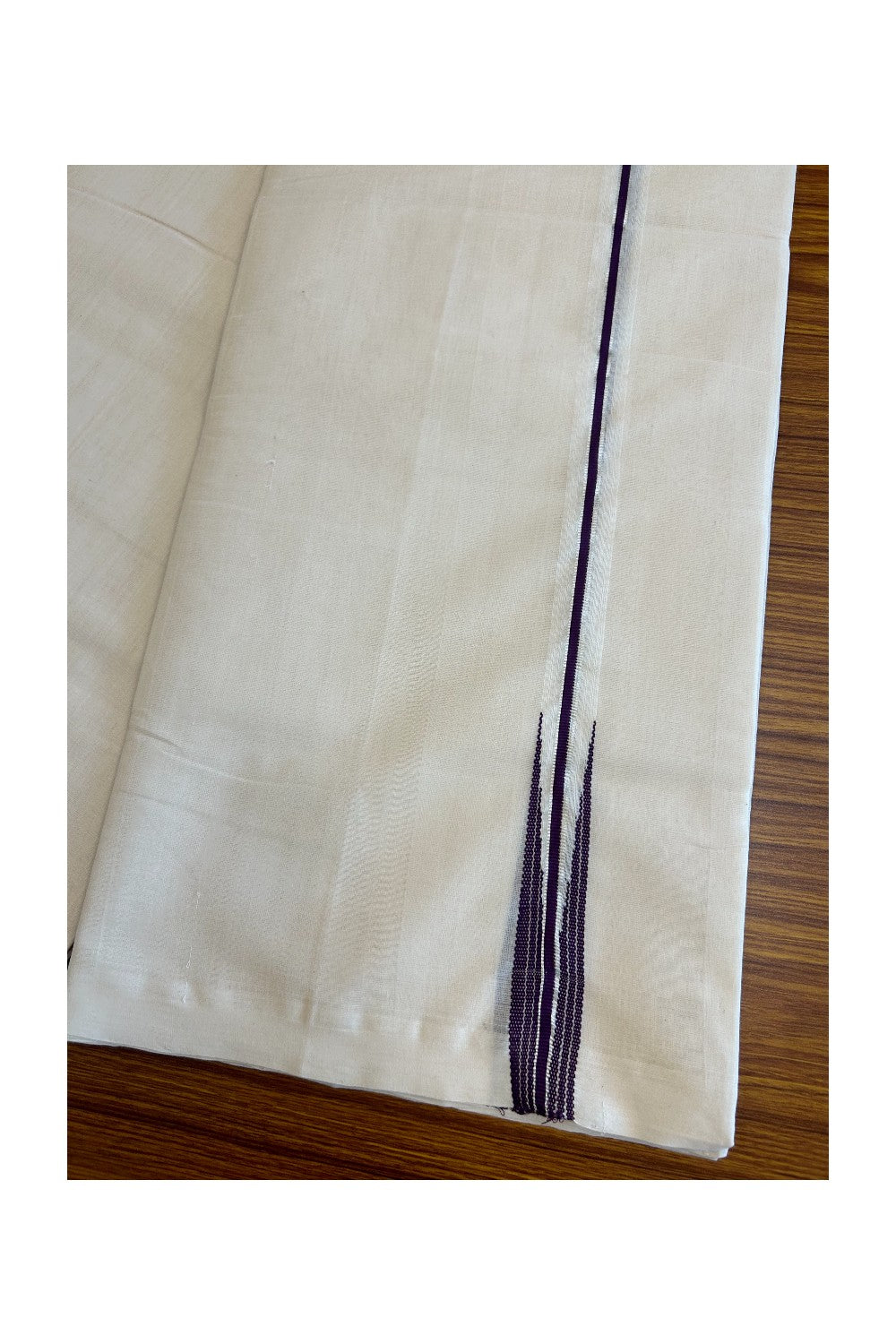 30% DISCOUNT!! KaithariKada HANDLOOM Millpaav Balaramapuram - 100% PURE Cotton OFF White - (Unbleached) Double Mundu/Dothi -1 inch Puliyilakkara silver kasavu & Vine Purple Striped Chutty - 7KK5011RAM