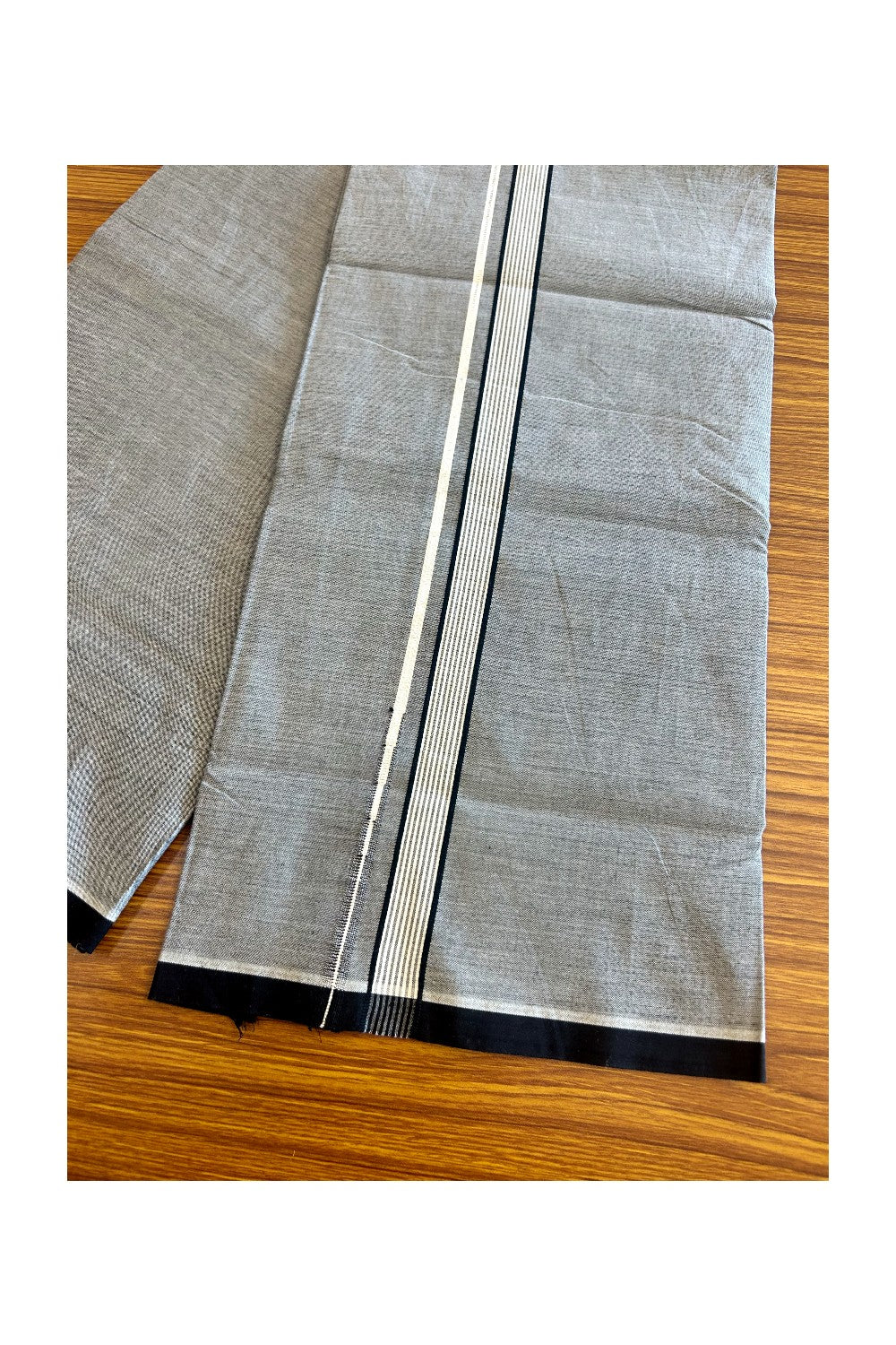33% Discount !! KaithariKada 100% Pure Cotton - Colour Mundu Single Mundu/ Dhothi Ash Grey COLOUR BODY &  Black Striped Silver Chutty 1.25 inch Kara (2 metre / 4 muzham)- 7KK5030ASH