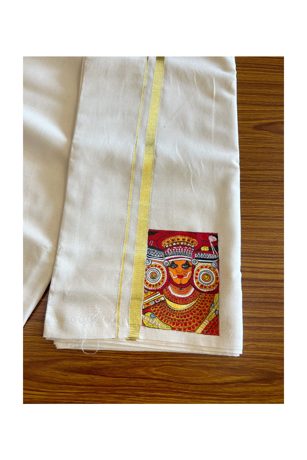 KaithariKada Balaramapuram 100% Cotton Double Off white - (Unbleached) Mundu/Dhoti-100x80 1 inch Kasavu & Hand Painted Theyyam Design Kara 3.70 meter (8 Muzham) - 7KK5046KK