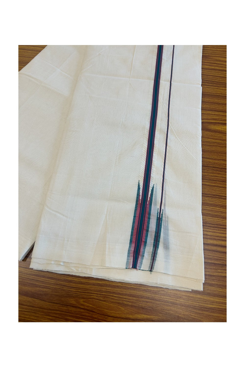 25% DISCOUNT!! KaithariKada HANDLOOM UNAKKUPAAV Balaramapuram - 100% PURE Cotton OFF White Double - (Unbleached) Mundu/Dothi - 1 inch Puliyilakkara Green & Red Stripes Double chutty - 7KK5049REA
