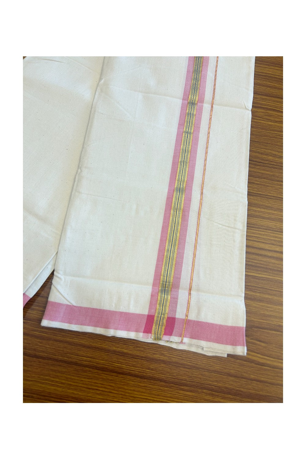 30% Discount KaithariKada 100% Cotton Balaramapuram HANDLOOM Single Mundu/Dhoti - Off White (Unbleached)  2inch (2 meter / 4 muzham) Pink + Blue & Kasavu Kara Stripes - 310