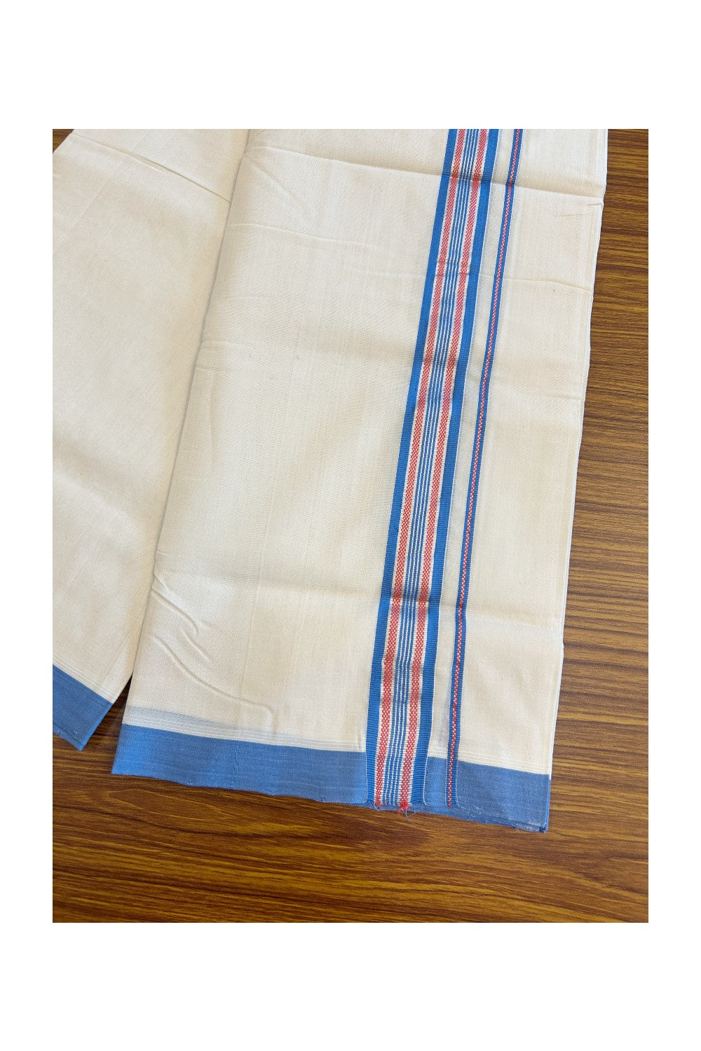 30% DISCOUNT! KaithariKada BALARAMAPURAM HANDLOOM UNAKKUPAAV - 100% PURE Cotton off white (Unbleached) Double Mundu/Dhoti -  1.75  inch Blue Red & Silver Kasavu Designer Kara- 3.60 mtr (8 Muzham)-51