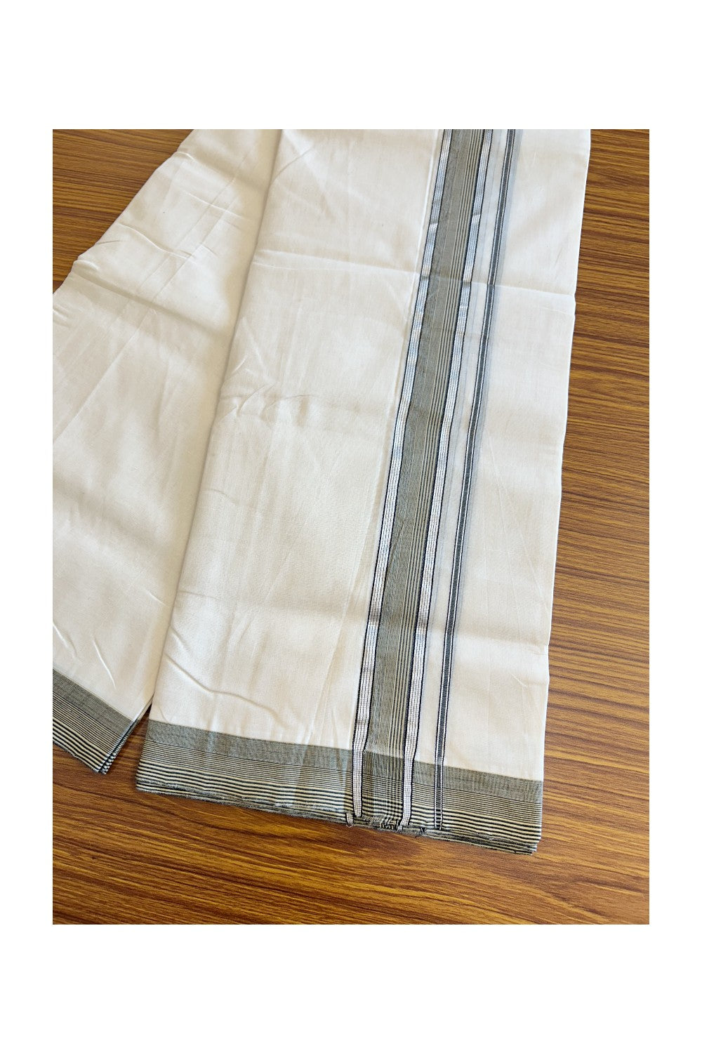 25% Discount !! KaithariKada HANDLOOM UNAKKUPAAV Balaramapuram - 100% PURE Cotton off white - (Unbleached) Double Mundu/Dhoti - 2.25 inch Silver kasavu Sand Brown & Black striped kara - 7KK5082RAM