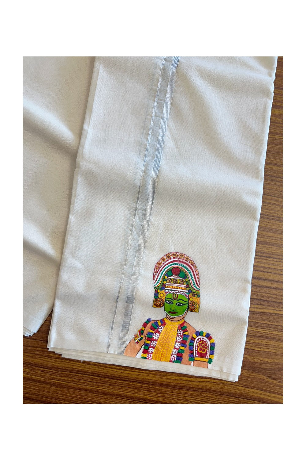 KaithariKada Balaramapuram 100% Cotton Double Off white - (Unbleached) Mundu/Dhoti-100x80 0.75 inch SILVER Kasavu & Hand Painted Ottam Thullal Design Kara 3.70 meter (8 Muzham) - 7KK5083ASH