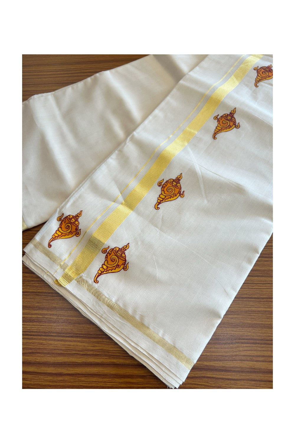 25% Discount!! KaithariKada HANDLOOM Millpaav Balaramapuram - 100% PURE Cotton OFF White - (Unbleached) Double Mundu/Dothi - 3 cm Kasavu kara Hand Painted Shankh Design - 7KK5091RAM