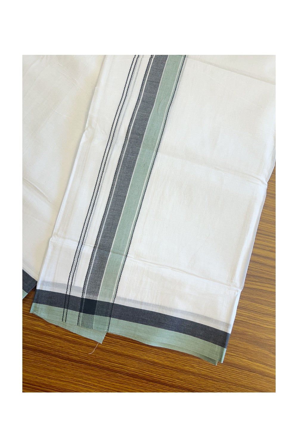 28% DISCOUNT! KaithariKada Balaramapuram 100% Cotton PURE WHITE Double Mundu/Dhoti-100x80- 1.75 inch Dark Pista green & Black shaded designer kara - 7KK5134THI