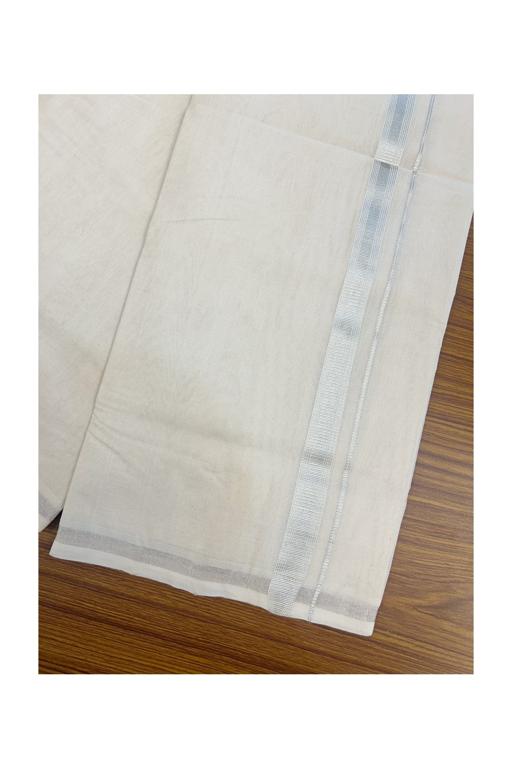 25% DISCOUNT! KaithariKada HANDLOOM Millpaav Balaramapuram - 100% PURE Cotton Off White - (Unbleached) Double Mundu/Dhoti - 2 cm Silver Kasavu Striped kara - 7KK5136RAM