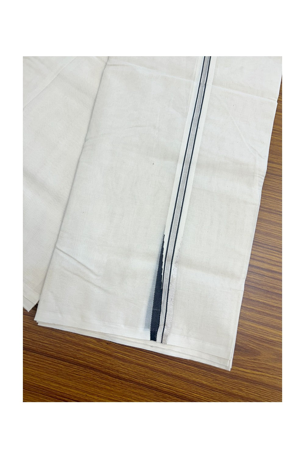 21% Discount! KaithariKada Balaramapuram 100% Cotton Double Off white - (Unbleached) Mundu/Dhoti-(100X100)- 1 inch PULIYILAKKARA CHUTTY BLACK & SILVER KARA - 7KK5145ASH