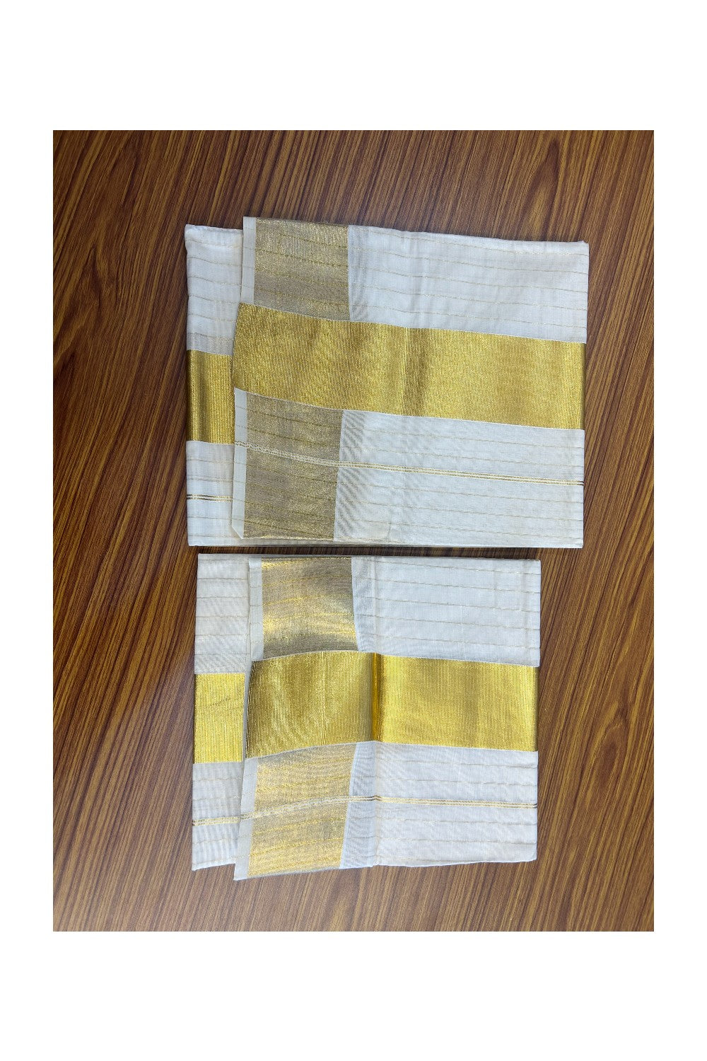 25% Discount!! KaithariKada - Kerala Pure Cotton OFF WHITE Single Set Mundu - Stripes Gold Kasavu Big Kara - 7KK5152PMC