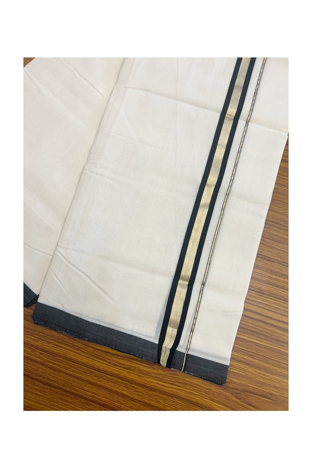 30% DISCOUNT!! KaithariKada HANDLOOM UNAKKUPAAV Balaramapuram - 100% PURE Cotton OFF White Double - (Unbleached)- Mundu/Dothi - 1.25inch Black Gold Kasavu & Silver Striped Kara 4.5 Meters (10 Muzham) - 7KK5160REA