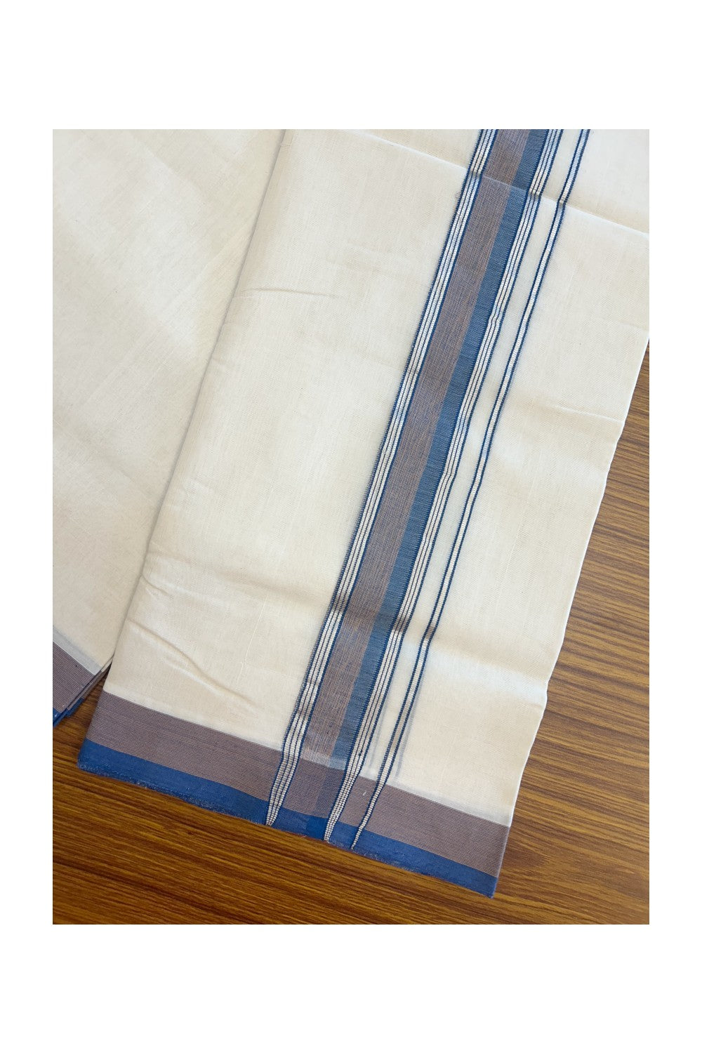 27% DISCOUNT! KaithariKada BALARAMAPURAM HANDLOOM UNAKKUPAAV - 100% PURE Cotton Off white (Unbleached) Double Mundu/Dhoti - 1.75 inch Silver Kasavu Peacock Blue & Sand Brown Shaded Kara (8 Muzham) - 24KK5161SOM