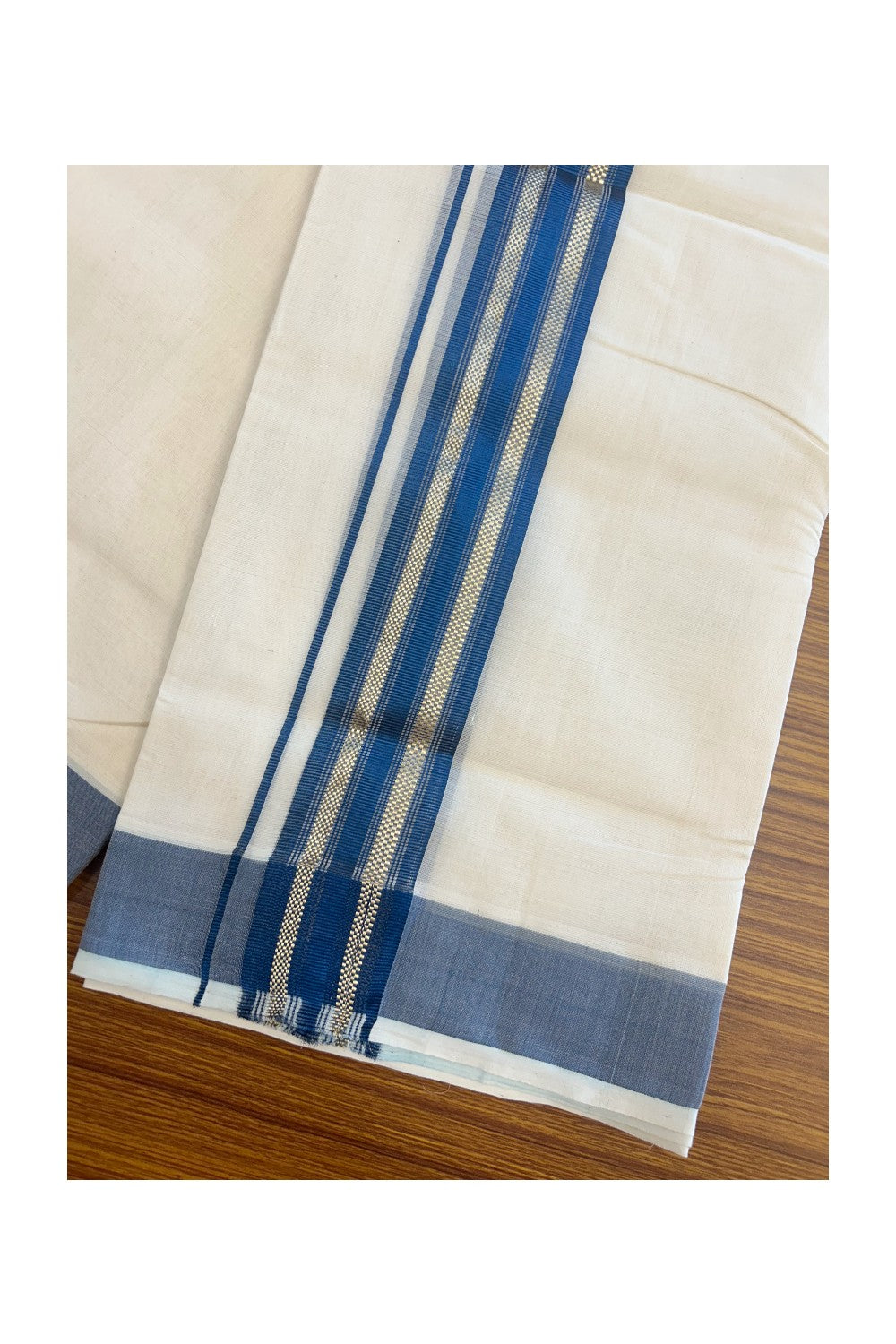 27% DISCOUNT!! KaithariKada HANDLOOM millpaav Balaramapuram - 100% PURE Cotton OFF White - (Unbleached) Double Mundu/Dothi - 2 inch Peacock blue colour kasavu  & Gold Kasavu Striped kara - 7KK5162RAM