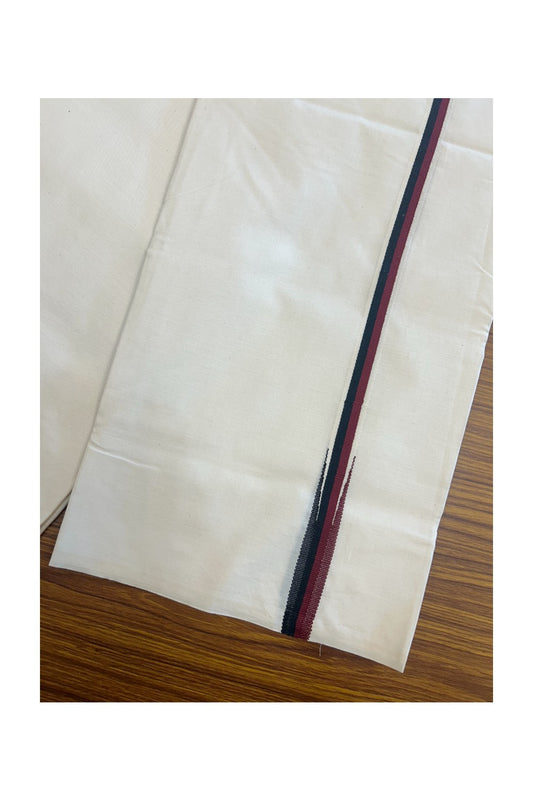 DMK Veshti - 20% Discount!! KaithariKada Balaramapuram 100% COTTON SINGLE OFF WHITE- (Unbleached) Mundu/Dhoti-100X100 -0.75 inch Puliyilakkara Maroon & Black Chutty (2 meter / 4 muzham) - 7KK5166ASH