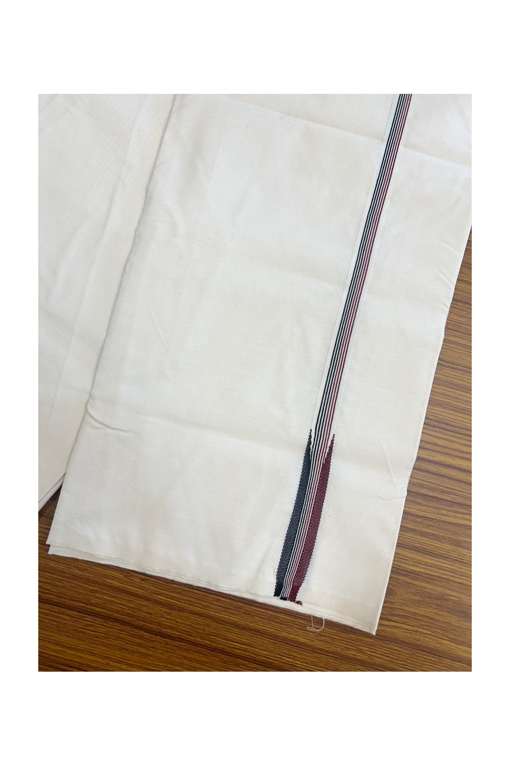 ADMK Veshti - KaithariKada Balaramapuram 100% COTTON SINGLE OFF WHITE- (Unbleached) Mundu/Dhoti-100X100 - 2 cm Puliyilakkara Maroon & Black Striped Chutty (2 meter / 4 muzham) - 7KK5168ASH