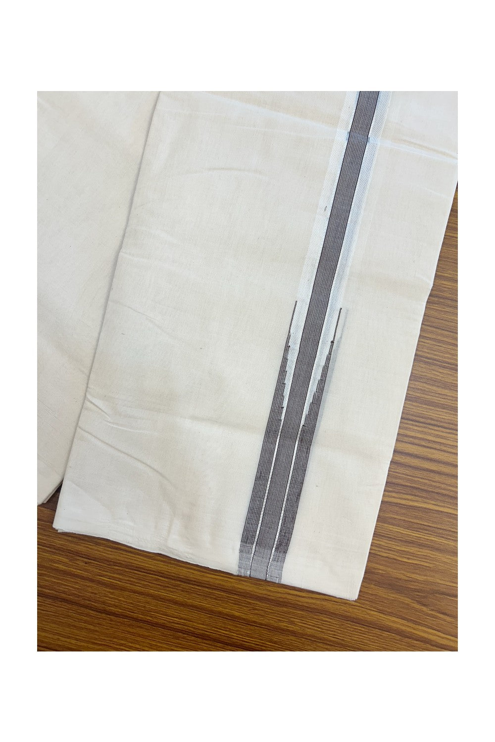 25% DISCOUNT!! KaithariKada HANDLOOM MILLPAAV Balaramapuram - 100% PURE Cotton OFF White Double - (Unbleached) Mundu/Dothi - 1.5 inch Puliyilakkara BROWN  & Silver Kasavu chutty Kara - 13KK5170RAM