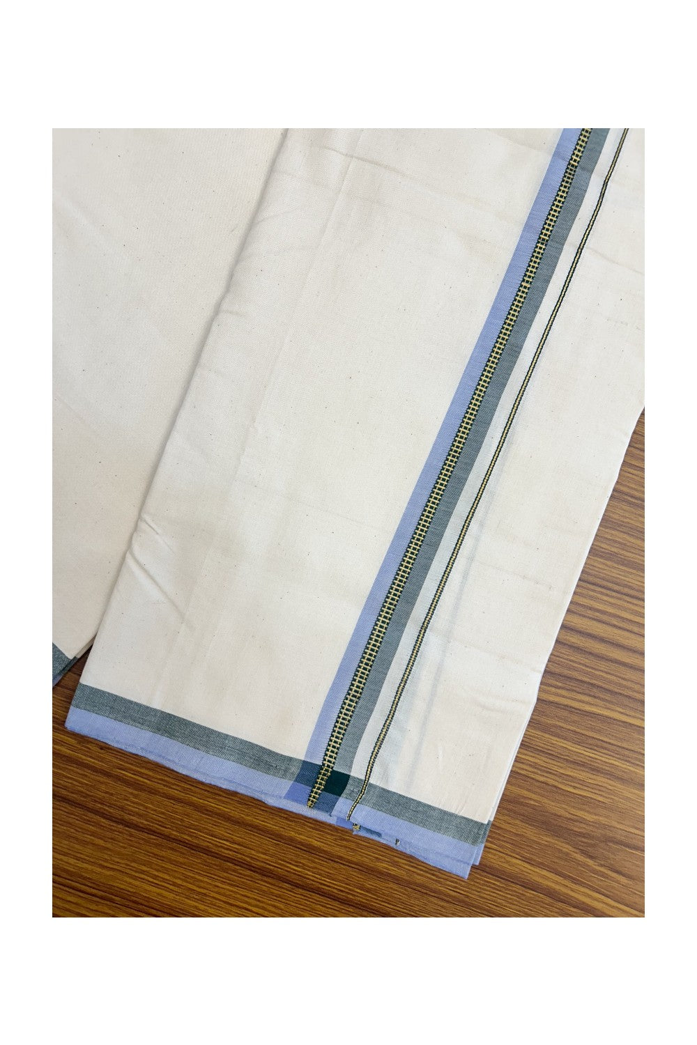 30%DISCOUNT!! SIGNATURE KAITHARIKADA EXCLUSIVE SINGLE DHOTI - 100% Cotton Balaramapuram HANDLOOM Single Mundu/Dhoti - Off White - (Unbleached) 1 inch Green Lavender & Gold Kasavu Kara (2 meter / 4 muzham)- 7KK5173KAI