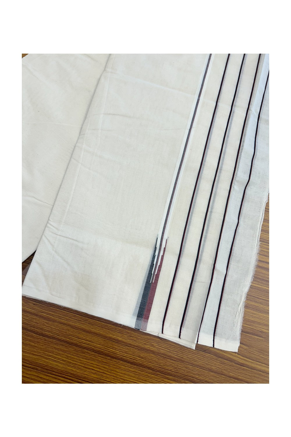 DMK Veshti -20% DISCOUNT! KaithariKada 100% Cotton off white Double - (Unbleached) Mundu/Dhoti - 100X100 - 5.75 inch Puliyilakkara Black & Maroon Chutty kara - 7KK5178ASH
